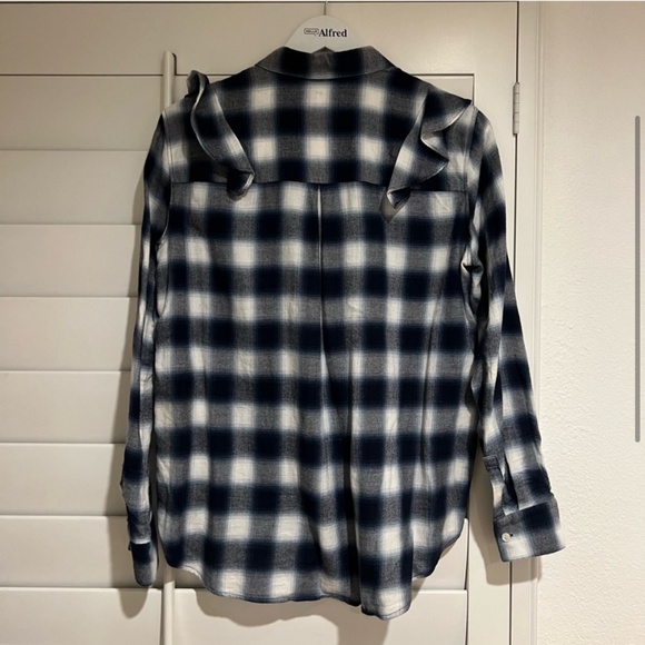 CLUB MONACO EUC Evira M Plaid Flannel Ruffle Shoulder Top Shirt Button Front - Picture 3 of 6